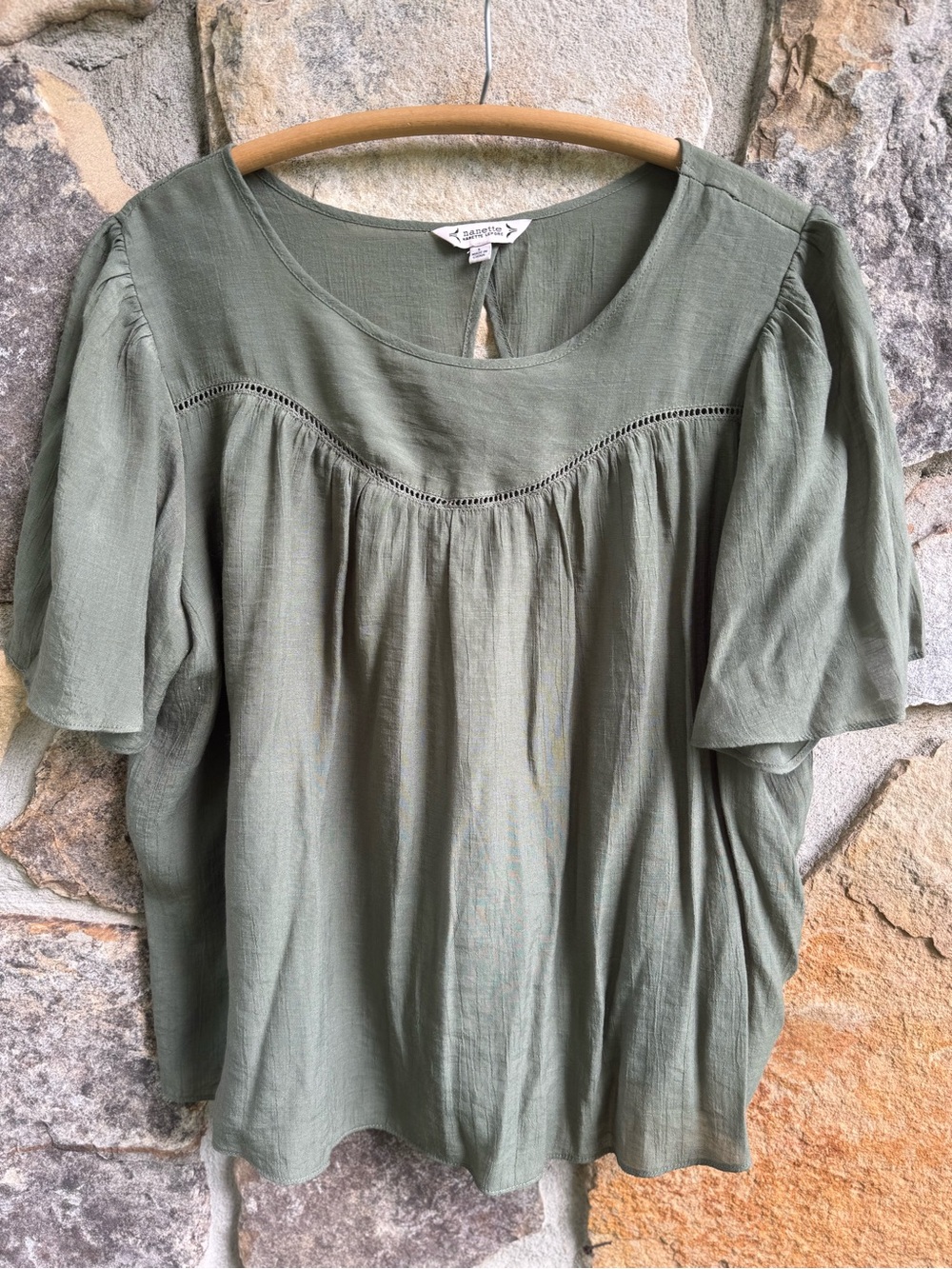 Nanette Lepore Olive Green Short Sleeve Peasant Blouse Large Boho Flowy Coastal